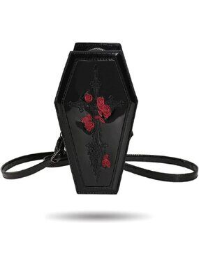 🎃Goth Red Rose Purse Coffin Halloween Clutch Shoulder Small Crossbody Bag